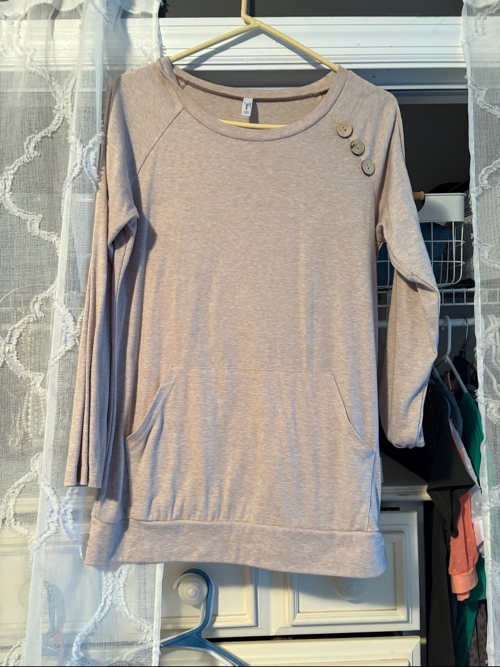 Women’s Long Sleeve Button-Accent Tee in Light Beige